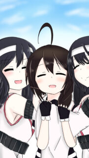 Three Happy Anime Girls Hugging Together Wallpaper for Mobile