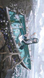 Anime Girl Sketching in a Boat Surrounded by Sea Glass and Flowers Wallpaper