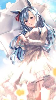 Beautiful Anime Girl with Blue Hair and Parasol Aesthetic Wallpaper