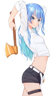 Anime Girl with Blue Hair Holding a Golden Axe High Resolution Wallpaper
