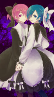 Anime Sisters Aesthetic Wallpaper with Pink and Blue Hair Girls in Gothic Dresses