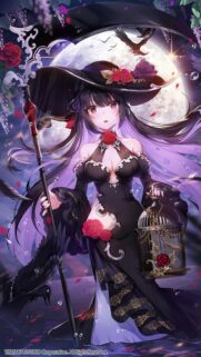 Anime Gothic Witch with Red Roses and Moonlit Background Wallpaper