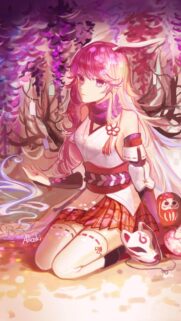 Anime Fox Girl with Pink Hair and Wisteria Flowers Mobile Wallpaper