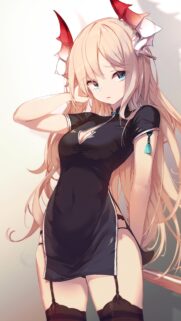 Anime Girl with Dragon Horns in Black Cheongsam Wallpaper for Mobile