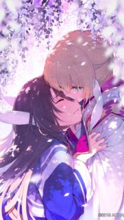 Emotional Anime Girls Embracing Under Wisteria Flowers Mobile Wallpaper