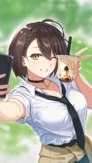 Cute Anime Girl Taking Selfie with Bubble Tea Mobile Wallpaper