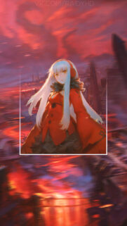 Anime Girl in Red Outfit Standing Against a Fiery Sunset Background Mobile Wallpaper