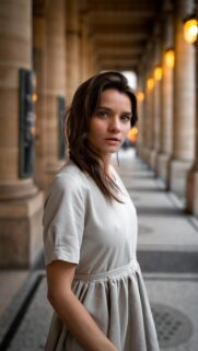 Elegant Woman in Beige Dress Standing in Classical Architectural Corridor Wallpaper