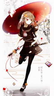 Anime Girl with Red Japanese Umbrella and Katana Sword Mobile Wallpaper