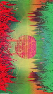 Abstract Glitch Art Sun with Red and Green Foliage Phone Wallpaper