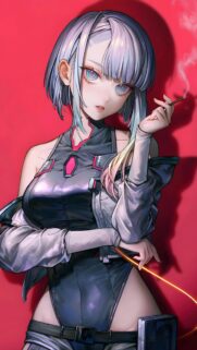 Cyberpunk Anime Girl with Silver Hair Smoking Wallpaper for Mobile