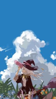Anime Witch Standing in Floral Meadow Under Summer Sky Wallpaper