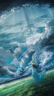Anime Girl in Summer Meadow with Giant Wind Turbines and Stormy Clouds Wallpaper