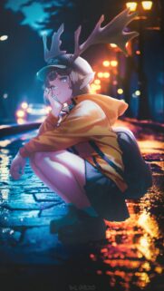 Anime Girl with Antlers in Vibrant Night City Street Aesthetic Wallpaper