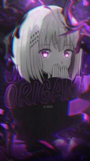 Glitch Aesthetic Anime Girl Origami Wallpaper with Neon Pink and Purple Lights