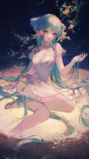 Anime Girl with Long Turquoise Hair in Traditional Dress Artistic Wallpaper