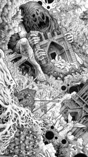 Dark Gothic Horror Illustration of Monstrous Giant and Desolate Ruins Wallpaper