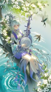 Beautiful Anime Girl Playing Traditional Instrument Under Cherry Blossoms Mobile Wallpaper