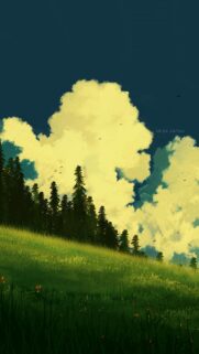 Anime Style Summer Meadow and Towering Cumulus Clouds Wallpaper
