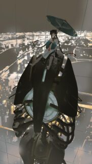 Anime Girl with Traditional Umbrella Perched on Futuristic Mech High Above City Lights Wallpaper