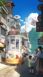 Anime Style Ice Cream Tram Street Scene Wallpaper for Mobile