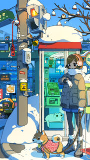 Anime Girl with Shiba Inu Dog in Snowy City Street Phone Booth Wallpaper