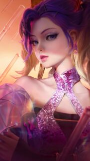 Stunning Anime Girl with Purple Hair and Sequined Pink Dress Mobile Wallpaper