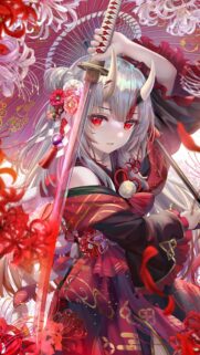 Beautiful Anime Demon Girl with Katana and Red Spider Lilies Wallpaper