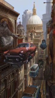 Retro Futuristic Flying Cars in Classical Cityscape Wallpaper for Mobile