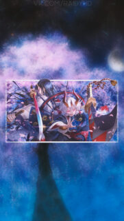 Anime Samurai Demon Duo Wallpaper with Magical Cherry Blossoms Background
