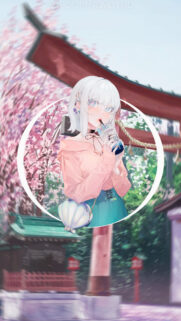 Anime Girl Drinking Bubble Tea at Japanese Shrine Wallpaper for Mobile
