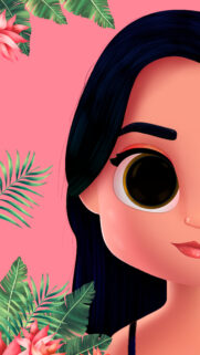 Cute Cartoon Girl with Big Eyes and Tropical Leaves Pink Wallpaper for Mobile