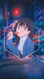 Anime Girl with Lollipop Neon City Aesthetic Phone Wallpaper