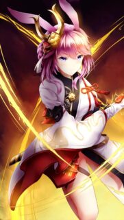 Stunning Yae Miko Anime Girl Wallpaper with Golden Energy Effects
