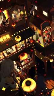 Anime Festival Night Scene with Glowing Lanterns and Festive Crowd Wallpaper