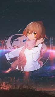 Anime Girl with Golden Eyes and Scarf at Night Mobile Wallpaper