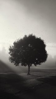 Stunning Black and White Solitary Tree in Foggy Landscape Mobile Wallpaper