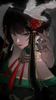 Beautiful Anime Girl with Green Eyes and Traditional Floral Accessories Wallpaper