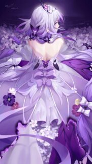 Stunning Anime Girl in Purple Floral Butterfly Dress High Quality Mobile Wallpaper