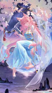 Beautiful Anime Fox Girl Reading Under Cherry Blossoms Mobile Wallpaper