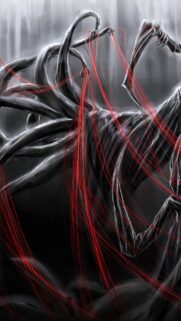 Abstract Dark Surrealism Wallpaper with Red Strings and Twisted Tendrils