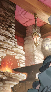Cozy Anime Blacksmith Workshop Wallpaper with Glowing Hearth and Antique Lantern