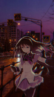 Sad Anime Girl Glitch Aesthetic Wallpaper in Urban Sunset Setting
