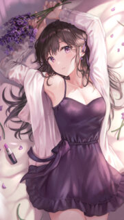 Anime Girl With Lavender Flowers Resting Aesthetic Mobile Wallpaper