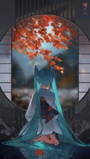 Hatsune Miku Autumn Maple Leaves Japanese Window Wallpaper 4K