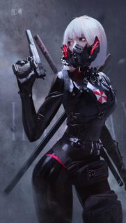 Cyberpunk Girl with Gun and Mask Digital Art Wallpaper
