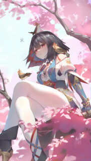 Anime Girl Sitting in Cherry Blossom Tree Aesthetic Mobile Wallpaper