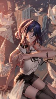 Anime Girl With White Doves Cityscape Sunset Aesthetic Wallpaper