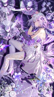Ethereal Anime Girl with Butterflies and Glowing Purple Floral Elements 4K Wallpaper