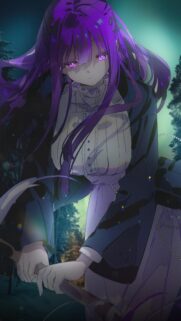 Mysterious Anime Girl with Purple Hair and Glowing Eyes Wallpaper